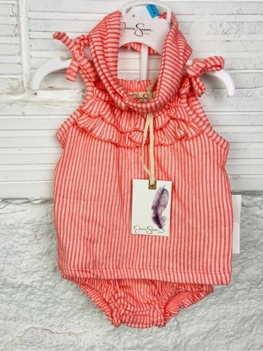 Jessica Simpson Coral & White Striped Ruffle Tie-Shoulder One-Piece W/ headband